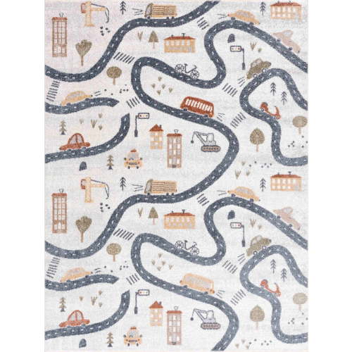 BoutiqueRugs Mave Road Rug for Kids, Toddler Room, Nursery, Playroom, Classroom- Machine Washable - Cream, Red, Blue, Gray - 7'10" x 10'