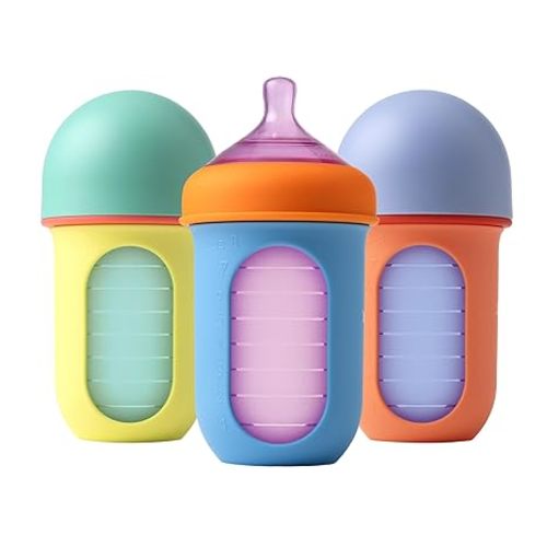 Boon Nursh Reusable Silicone Baby Bottles -  Color Block - Medium Flow - 8 Ounce