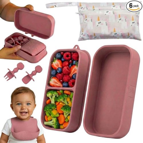 Baby Travel Feeding Set with Silicone Suction Plates, Dark Pink Small