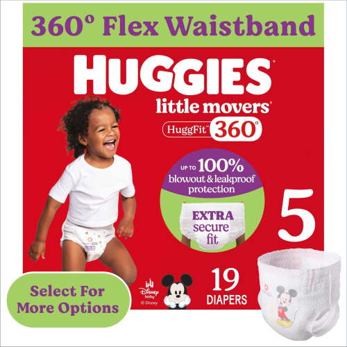 Huggies Little Movers HuggFit 360° Baby Diapers with 360° Waistband, Size 5 (27+ lbs), 19 Count (Select for More)
