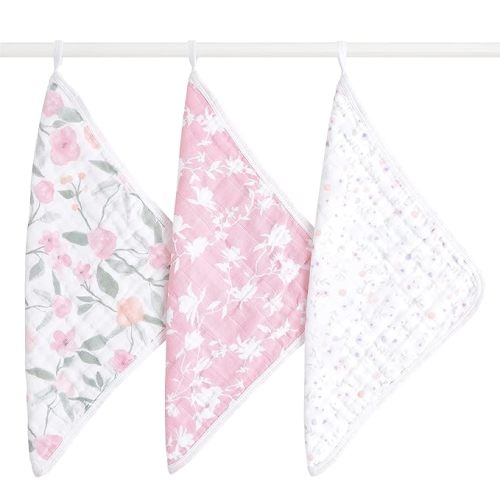 aden + anais Boutique Oversized Washcloth 3-Pack, Super Soft 100% Cotton Muslin, Gentle on Skin, 3 Absorbent 12x12 Layers, Softer with Every Use, Perfect for Babies, Infants, Toddlers, Ma Fleur