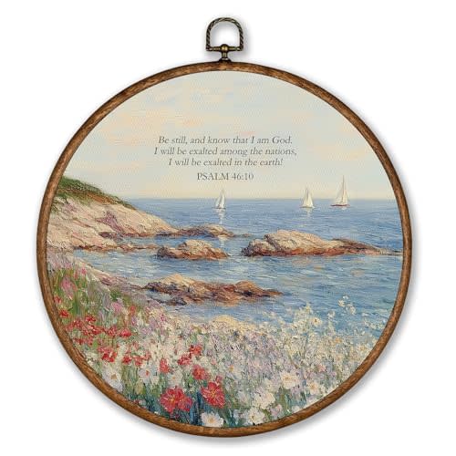 Voxitura Vintage Coastal Christian Wall Art Round Framed, Scripture Be Still Wall Decor Canvas Hanging Beachy Living Room, Landscape Paintings Prints Artwork Decorations for Bedroom Dorm 10x10in