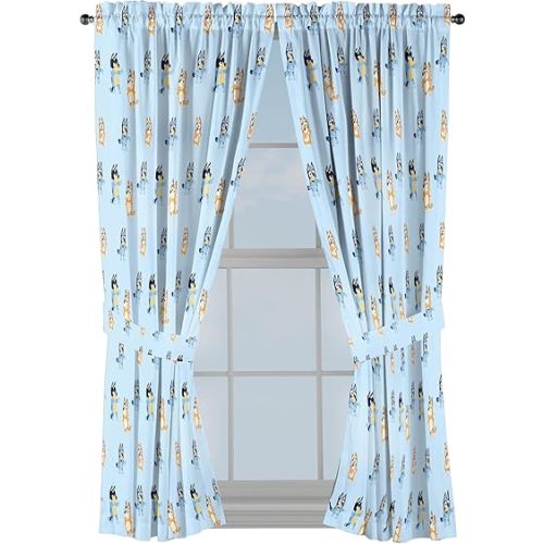 Jay Franco Black Out Window Curtains for Kids Bedroom 4-Piece Drape Set with 2 Tiebacks, Blue - Bluey, 42" W x 63" L (Pack of 2)