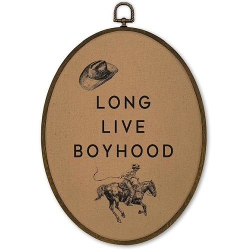 cvjutf Vintage Western Cowboy Nursery Wall Art Decor Framed, Long Live Boyhood Oval Wall Decor, Rustic Western Canvas Prints Art for Kids Boy Room Nursery Bedroom, Cowboy Baby Stuff, 8.7x11.3 Inch