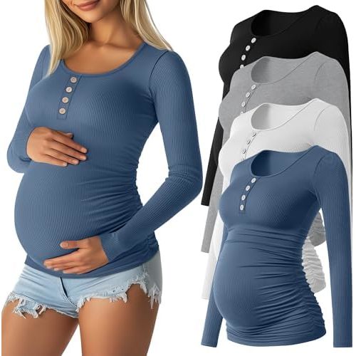 4 Pack Womens Maternity Shirts Cotton Scoop Neck Long Sleeve Ribbed Pregnancy Top Henley Side Ruched Mama Clothes