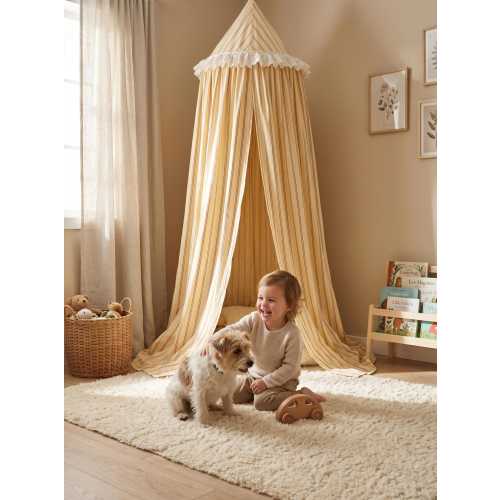 Cream Yellow Striped Canopy – Princess Tent with Lace Frill, Scandinavian Nursery Decor