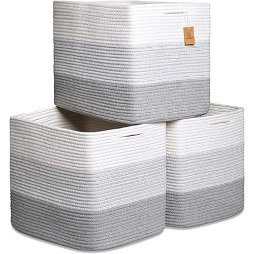 NaturalCozy 13x15x13 Kallax Storage Cubes Bins, 3 Pack | Cotton Rope Cube Storage Bin Woven Baskets for Organizing | Kallax Insert Storage Baskets for Shelves Organizer, Kids Toy, Closet Baby Nursery