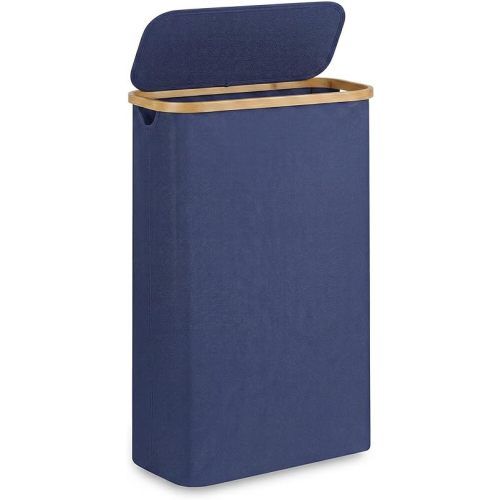 Slim Laundry Basket,60L Laundry Hamper with Lid, Tall Hamper for Laundry,Dirty Cloth Hamper with Bamboo Handle for Toys,Towels, Clothes Organizing, Navy Blue