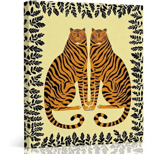 Trendy Colorful Tiger Canvas Wall Art, Whimsical Jungle Animal Print, Symmetric Double Tiger Illustration, Wall Decor for Living Room Bedroom Nursery, Gallery Wrapped Ready to Hang, 8x10 Inches