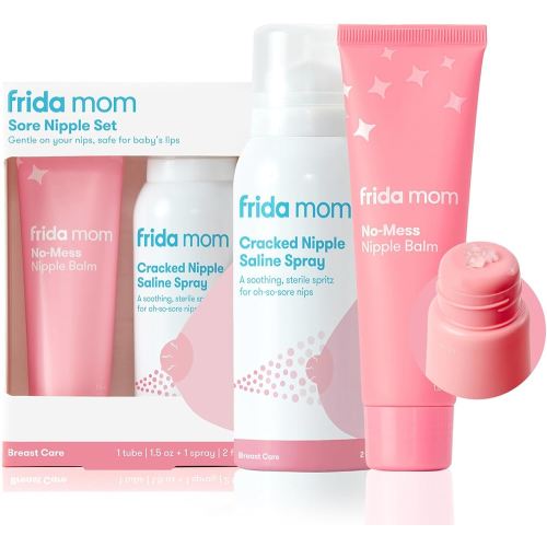 Frida Mom Nipple Cream and Saline Spray Set, Breastfeeding Essentials for New Moms, Cracked Nipple Saline Spray and No-Mess Cream, 2pc Set