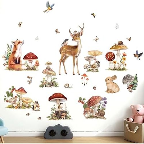 Woodland Animal Wall Decals - Mushroom Deer Fox Rabbit Forest Wall Stickers - Baby Nursery Kids Girls Bedroom Daycare Wall Decor