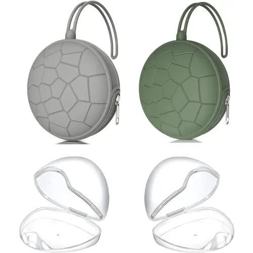 Smlpuame 4 Pack Pacifier Holder Case Set,2 Silicone Portable Pacifier Cover Pouch Bag for Diaper Bags Baby Carriage with 2 Transparent Pacifier Storage Container Box,Easy to Clean,Classic(Green+Grey)