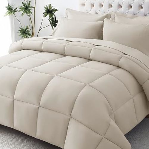 JOLLYVOGUE Queen Comforter Set, Ultra-Soft Bed in a Bag Queen Size 7 Pieces, Oeko-TEX Certified Bedding Set with Down Alternative Comforter, Sheets, Pillowcases & Shams, Oatmeal