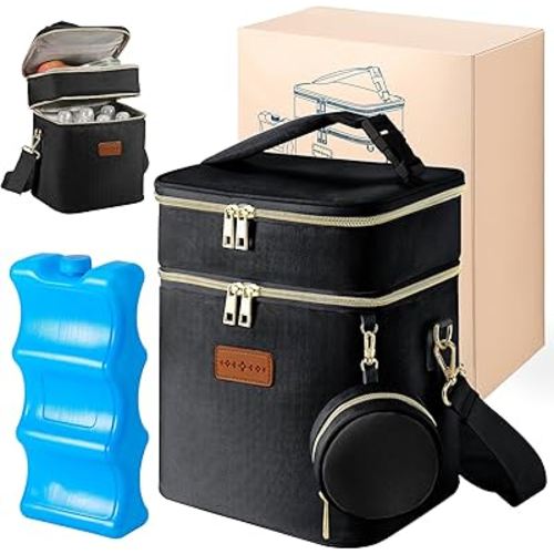 Breastmilk Cooler Bag with Ice Pack & Pacifier Case, Large Double Layer Insulated Baby Bottle Cooler Fits 6 Bottles, Breast Pump Storage Bag for Working Nursing Moms, with Gift Box