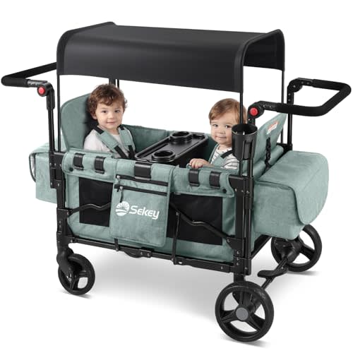 Sekey Wagon Stroller for 2 Kids, Luxury 4-in-1 Stroller Wagon - Premium Quality with Convertible Seats, Adjustable Push Handles, Removable Canopy, Cup Holder, Snack Tray & Cooler, US Certified.