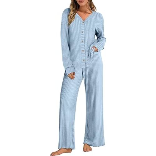 ANRABESS Women's 2 Piece Lounge Pajama Sets Ribbed Long Sleeve Button Top Matching Pants Sleepwear PJ Set 2026 Fall Outfits