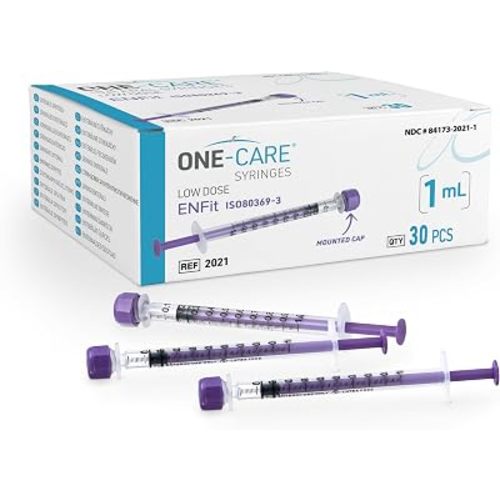 ONE-CARE Lab ENFit-type Syringe 1ml with Mounted Cap, Low Dose, 30/Box