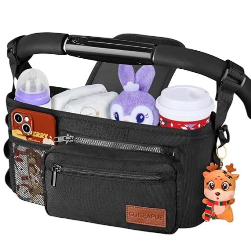 Guiseapue Universal Stroller Organizer with Cup Holder: Baby Essentials, Stroller Caddy Accessories with Detachable Phone Bag, Non-Slip Straps, Fits for Uppababy, Baby Jogger, New Moms Baby Gifts