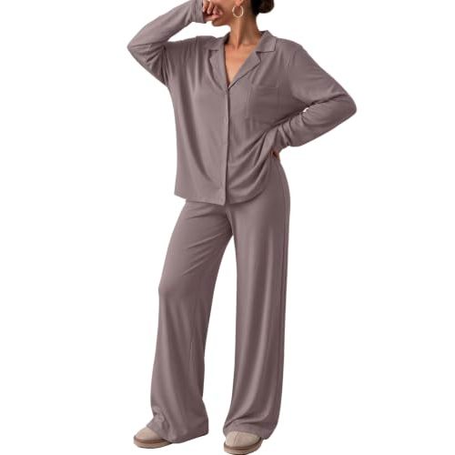 Trendy Queen Women Pajamas Set Sleepwear Fall 2 Piece Soft Lounge Pjs | Button Down Pajamas,Long Sleeve Top and Wide Leg Pants,Soft Loungewear,Button Up,Fall Fashion Clothes 2026
