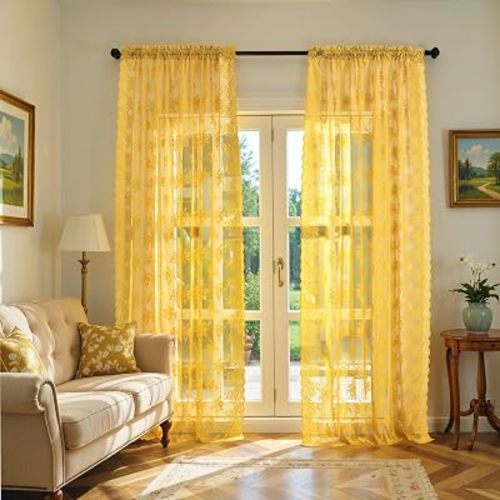 Kotile Mustard Yellow Sheer Curtains 84 Inches Long, 2 Panels Country Rustic Floral Retro Gold Lace Curtains for Living Room,Rod Pocket Light Filtering Privacy Boho Window Curtain Drapes, 52 x 84 Inch