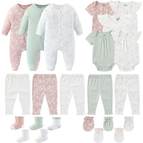Newborn Baby Boy Girl Clothes Cotton Ribbed Mix Unisex Infant Bodysuit Pant Outfits 23 Pcs Layette Gift Set