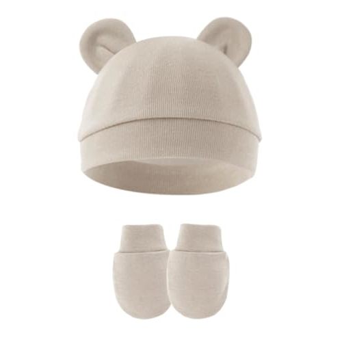 Cotton Baby Hats and Mittens Set Unisex, Toddler No Scratch Mittens and Beanie Cap Infant Newborn Hospital Hat