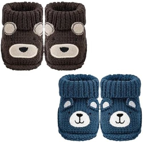2 Pairs Newborn Knit Booties Soft Baby Sock Shoes, 0-3 Months