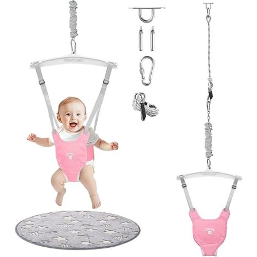 Baby Jumper with a Ceiling Hook for Infant & Toddlers, Kids Door Jumper with Adjustable Chain, Protable Baby Jumpers and Bouncers for Indoor/Outdoor, Baby Doorway Jumper with Soft Rug