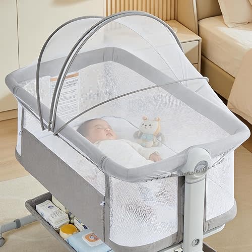 Baby Bassinet, 3-in-1 Portable Bedside Sleeper Travel Crib with 6 Height Adjustments, 1-7° Anti-Reflux Incline, Detachable Mosquito Net, Storage Basket & 360° Lockable Wheels