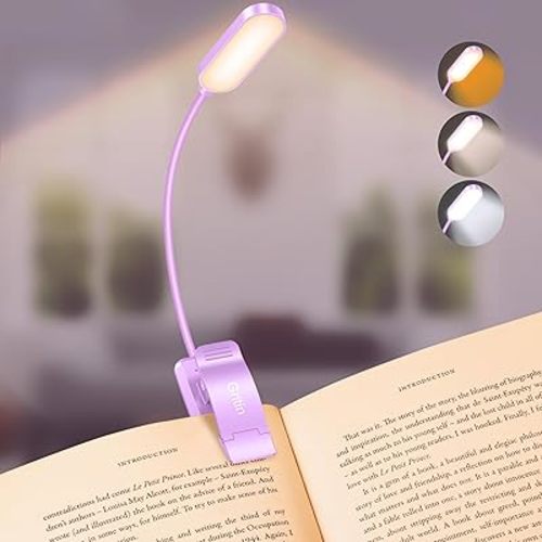Gritin 16 LED Rechargeable Book Light for Reading in Bed- Eye Caring 3 Color Temperatures, Stepless Dimming Brightness, 80 Hrs Runtime, Lightweight Flexible Clip on Light for Book Lovers-Purple