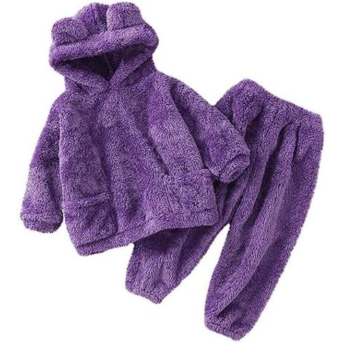 Toddler Boys Girls Fleece Outfits Baby Cute Bear Ears Hooded Sweatshirt and Fuzzy Pant 2 Piece Sets Think Warm Winter Clothes