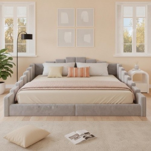 Polibi Queen Size Modern Upholstered Daybed with Channel Tufted Nailhead Trim, Solid Wood Frame for Bedroom, Gray