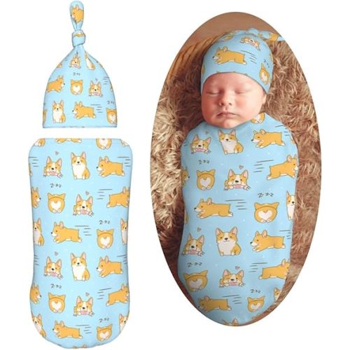 Kawaii Corgi Newborn Swaddle Blankets Hat Sets Soft Baby Receiving Blanket Swaddle Sack for Baby Shower Infant Boy Girl Gift