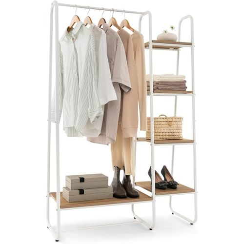 Tangkula Garment Rack with Shelves, Clothes Rack with 5 Shelves & Hanging Bar, Open Wardrobe for Hanging Clothes and Storage, Free Standing Closet Organizer, Clothing Rack for Bedroom Entryway