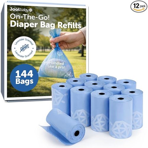 Jool Baby Disposable Diaper Bag Refills for Diaper Bag Dispenser (12 Rolls, 144 Count) – Lavender-Scented Odor-Controlling Diaper Sacks – Fits Any On-the-Go Dispenser