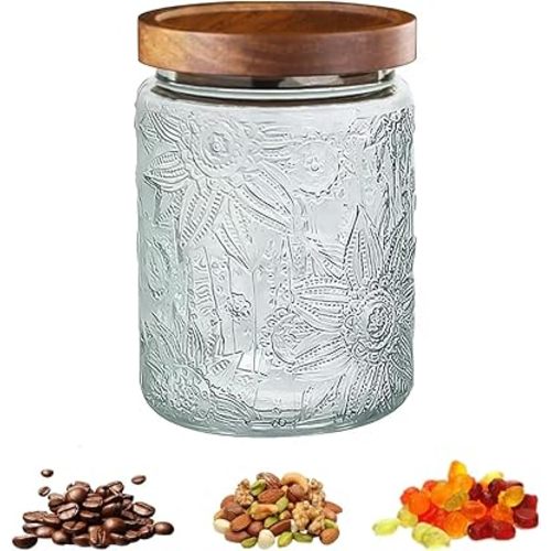 24 OZ Vintage Glass Jar with Lid, Airtight Food Storage Canisters with Bamboo for Kitchen Counter Pantry, Ideal for Coffee, Candy, Tea, Oats, Sugar, Cookies Decorative Jars-Sunflower
