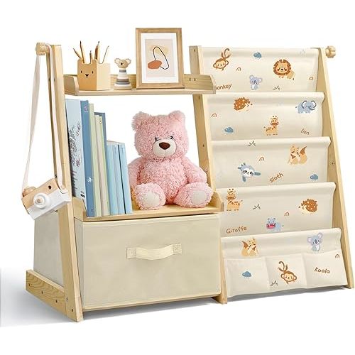 Kids Bookshelf and Toy Organizer 2 in 1,Book Shelf for Kids Rooms with Movable Toy Bin,4 Tier Toddler Sling Book Rack for Nursery Bedroom Playroom (Jungle Animals)