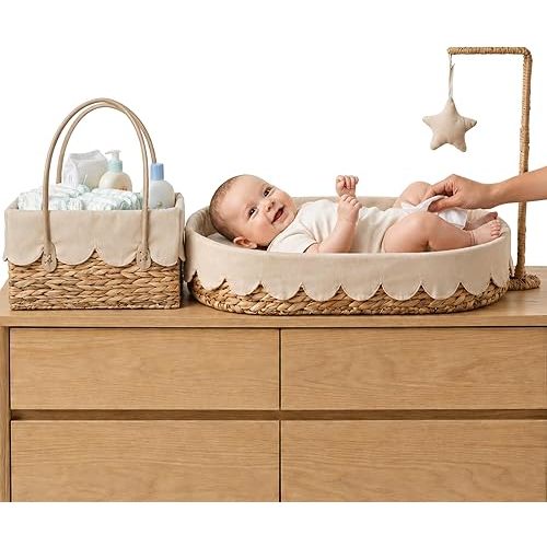 Premium Baby Changing Basket + Diaper Caddy - Scalloped Basket for Baby Dresser