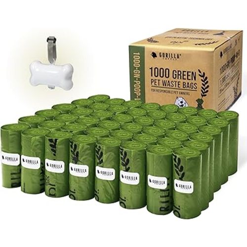 GORILLA SUPPLY Dog Poop Waste Bags with Dispenser and Leash Tie, 9" x 13", Green, 1000 Count