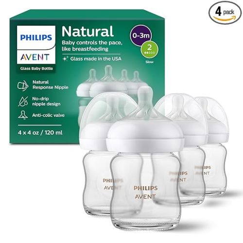 Philips Avent Natural Glass Baby Bottles with Natural Response Nipples (Medium Flow, Flow 3), 8oz, 4-Pack, SCY913/04