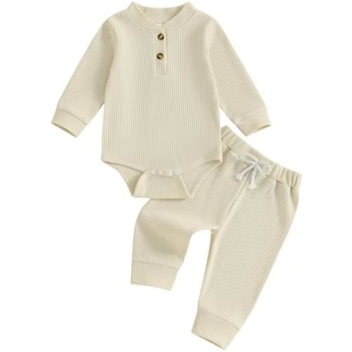 allshope Newborn Baby Boy Fall Outfit Romper Long Sleeve Solid Jumpsuit Bodysuit Elastic Waist Pants Infant Waffle Clothes