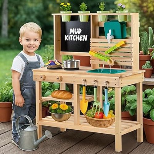[DREAM BUILDING] Mud Kitchen for Kids Outdoor, Toddler Wooden Pretend Play Kitchen Playset with Sink, Cookware, Stove, Chalkboard, Faucet & Storage Shelves for Backyard Garden Toy Gift for Ages 3+