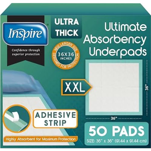 Inspire Super and Ultra Absorbent Disposable Bed Pads, 36" X 36", Pack of 50 with Adhesive, XXL