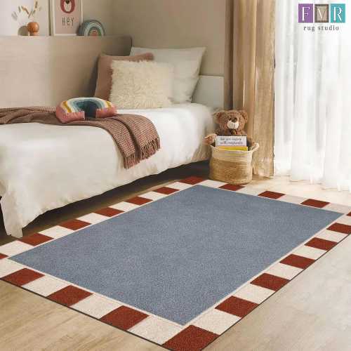 Plush Blue Kids Rug – Modern Checker Border Playroom Carpet