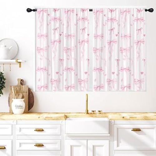 Coxila Pink Bow Kitchen Window Curtains 27.5 x 36 Inch Small Short Mini Cafe Rod Pocket Cute Girly Girls Kawaii Princess Pretty Living Bedroom Room Home Treatment Set of 2 Curtain Panels Drapes Tiers