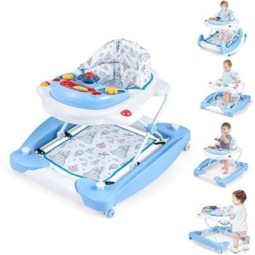 BABY JOY 6-in-1 Baby Walker, Foldable Baby Walker with Wheels, Adjustable Height, Music, Lights, Bouncer & Rocker Mode, Baby Walkers for Boys Girls 6-14 Months (Blue)