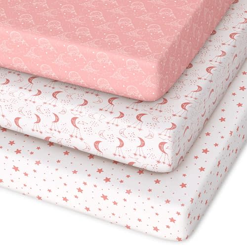 Pack and Play Sheets Fitted 3 Pack, Mini Crib Sheets for Pack N Play Mattress Stretchy Portable Playard Sheets, Soft Breathable Pink White Moon