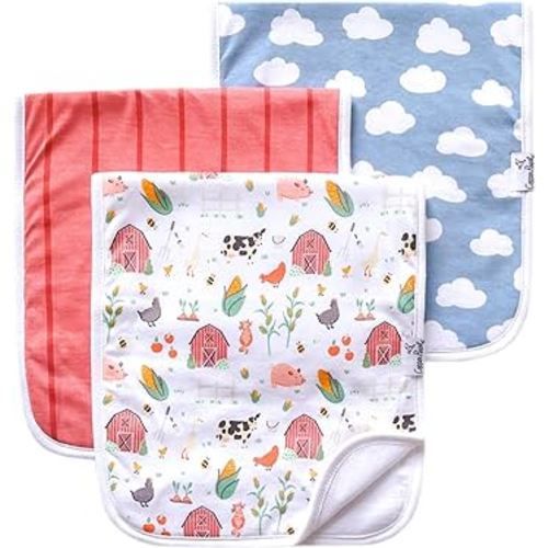 Copper Pearl Premium Baby Burp Cloths - 3-Pack Large Cotton Burp Cloths, Extra Soft Spit Up Rags with 3 Absorbent Layers, Perfect for Baby Boy and Baby Girl Gifts (21" x 10" Size, Farmstead Set)