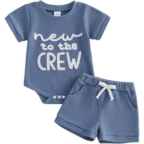 allshope Newborn Baby Boy Summer Outfit Set New To The Crew Embroidery Romper Jumpsuit Shorts Infant Waffle Clothes
