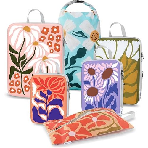 Gonex Compression Packing Cubes, 6pcs Expandable Storage Travel Luggage Bags Organizers with Shoe Bag Laundry Bag, Travel Cubes for Suitcase Carry On (Flowers)